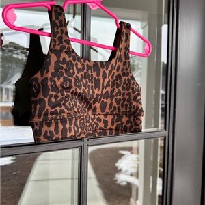 Rylee + Cru Brown Leopard sports bra, leggings, and short set.